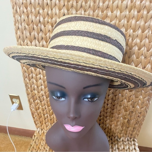 Vintage J Crew Cloche Black & Cream/Tan Stripe Straw Hat. Sz 8 main image 14
